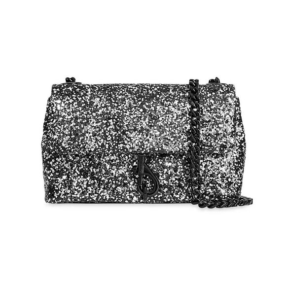 NEW Rebecca Minkoff Edie Date Night Glitter Crossbody Bag - Negro Plata Silver